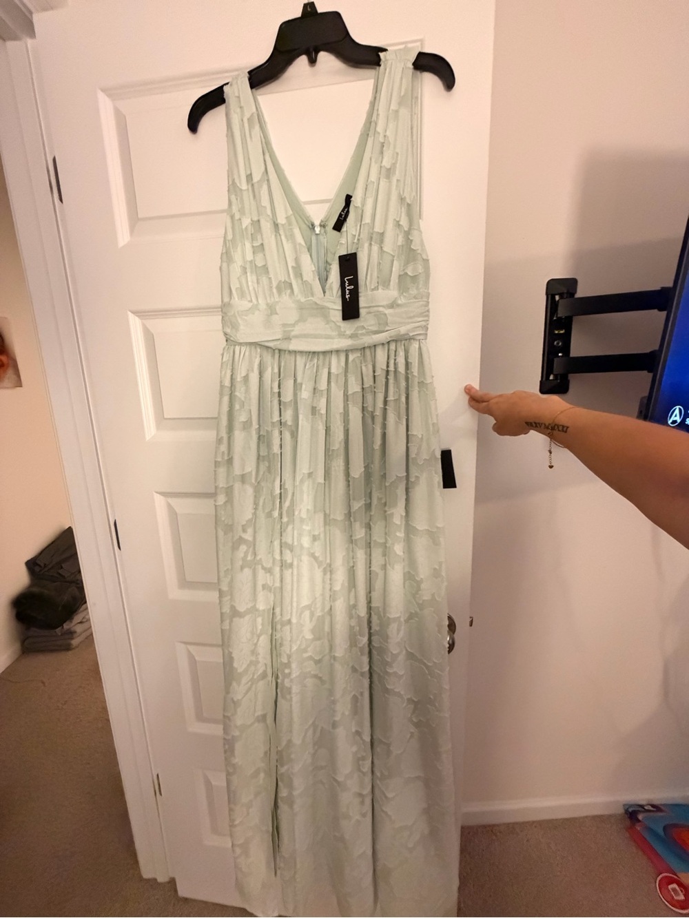 Lulu's Light Sage Green V-Neck Ruffle Maxi Dress